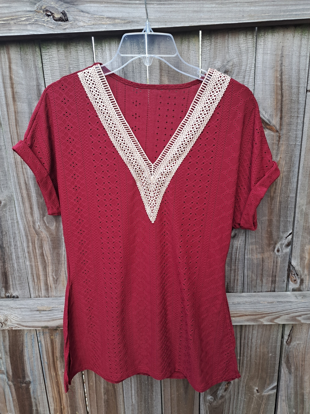 SHEIN Burgundy Eyelet V-Neck Tunic with Cream Crochet Trim